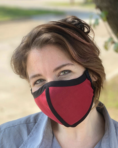 Summer Weight Two Layer Protective Cloth Face Mask - Ear Saver Behind the Head Elastic - Made in USA - Red, Curvy Cut