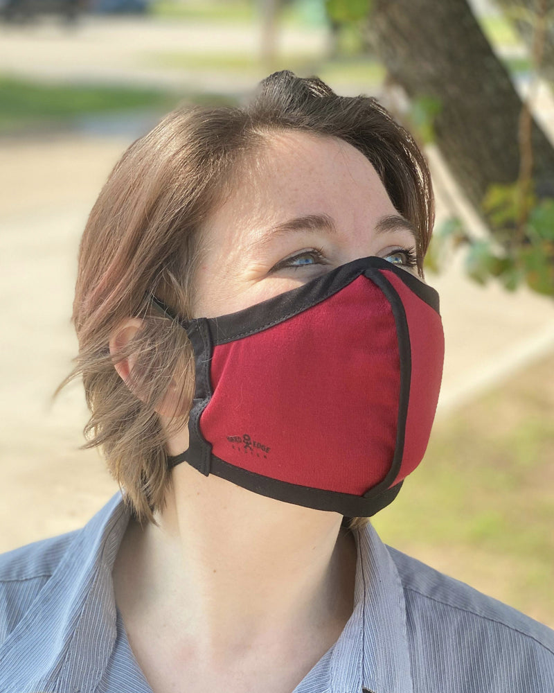 Summer Weight Two Layer Protective Cloth Face Mask - Ear Saver Behind the Head Elastic - Made in USA - Red, Curvy Cut