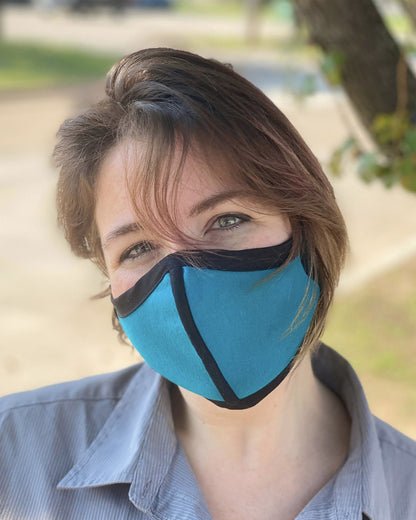 Summer Weight Two Layer Protective Cloth Face Mask - Ear Saver Behind the Head Elastic - Made in USA - Teal, Curvy Cut