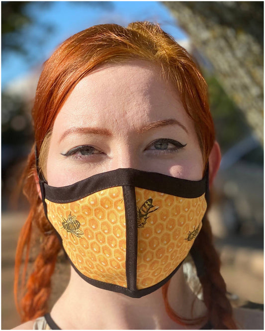 Four Layer Cloth Face Mask - Ear Saver Behind the Head Elastic - Honey Bee, Adult Original Cut
