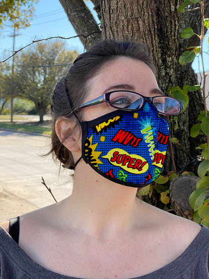 Two Layer Fully Wired Protective Cloth Face Mask - Made in USA - Blue Superhero, Adult